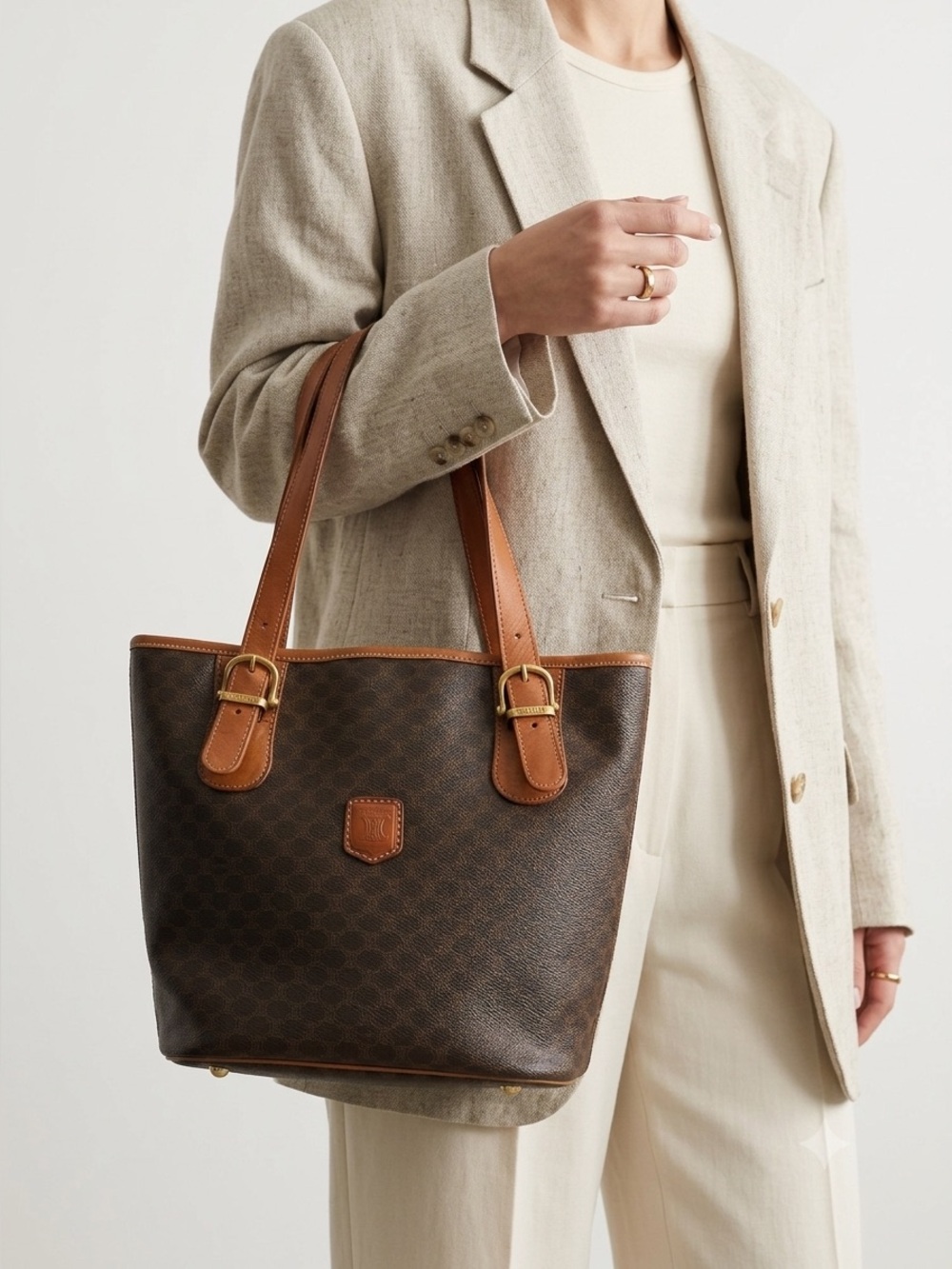 Vintage Céline brown Macadam Triomphe coated canvas tote with tan leather trim